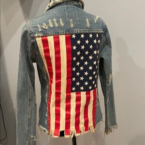 Distressed Denim Jacket with Studs unif brand xs American flag on back